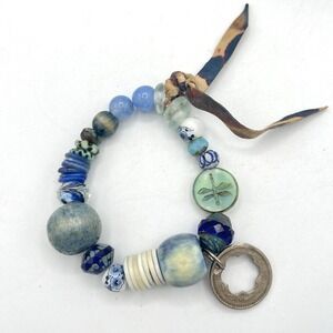 Vintage Boho Blue Porcelain Ceramic Bead Bracelet Dragonfly Beach Glass Coin